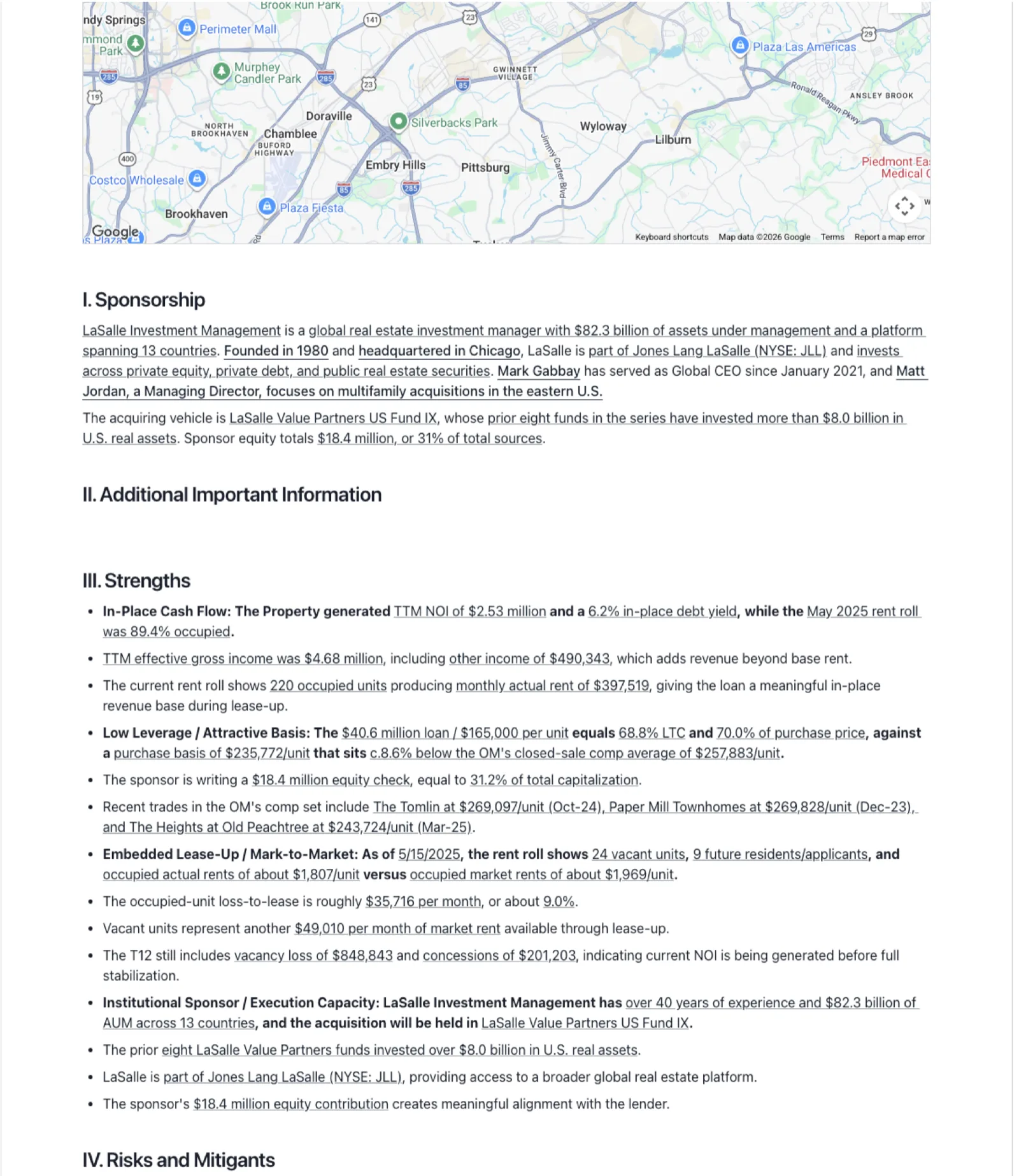 A generated investment memo in the HighRoad memo studio, with cited claims underlined