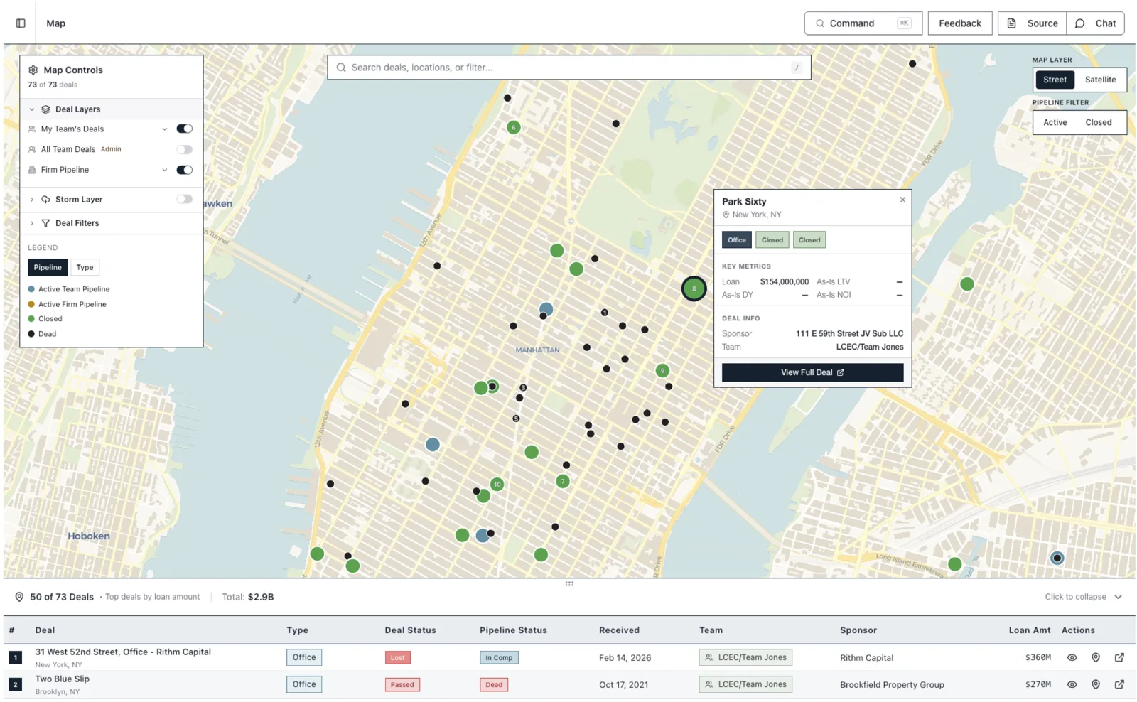 HighRoad portfolio map with deals plotted across Manhattan, colored by status