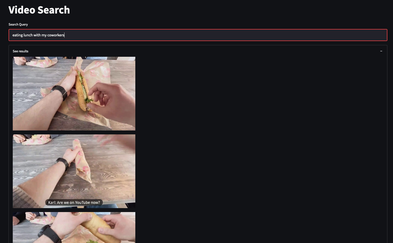 Video search for "eating lunch with my coworkers"